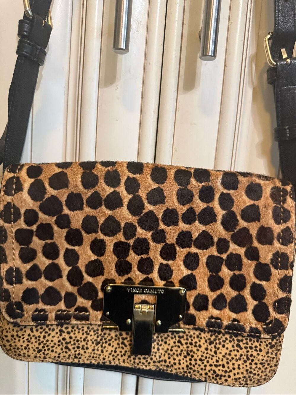 Vince Camuto Women's Animal Print Leather Flap Crossbody Bag Tan Black OS